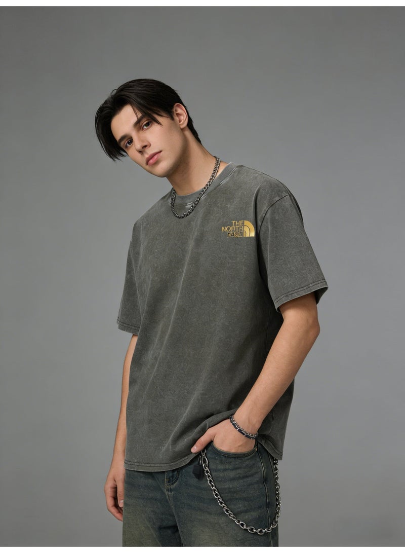 THE NORTH FACE 2026 The North Face retro washed unisex T-shirt, high-grade cotton loose short sleeves with gold logo, retro street clothes for men and women. - Image 5